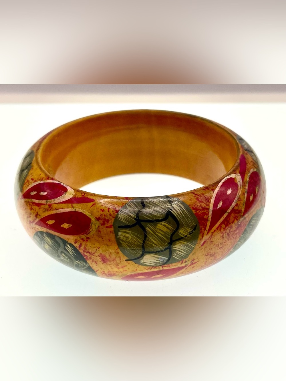 Vintage Hand Painted Wooden Bangle Bracelet Abstract Floral 1990s